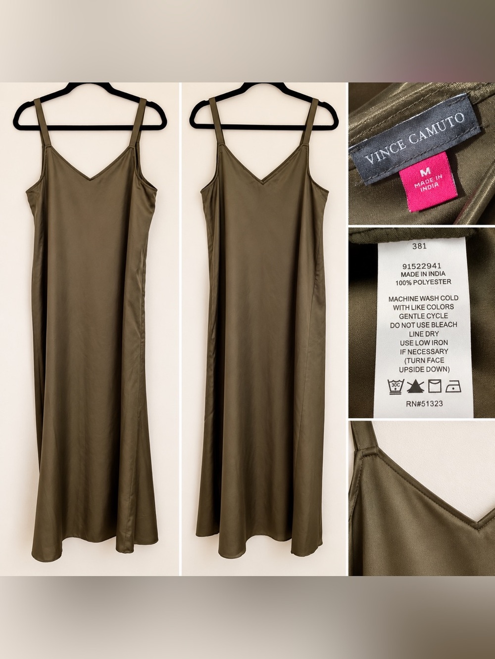 Vince Camuto Olive Satin Slip Dress with V-Neck